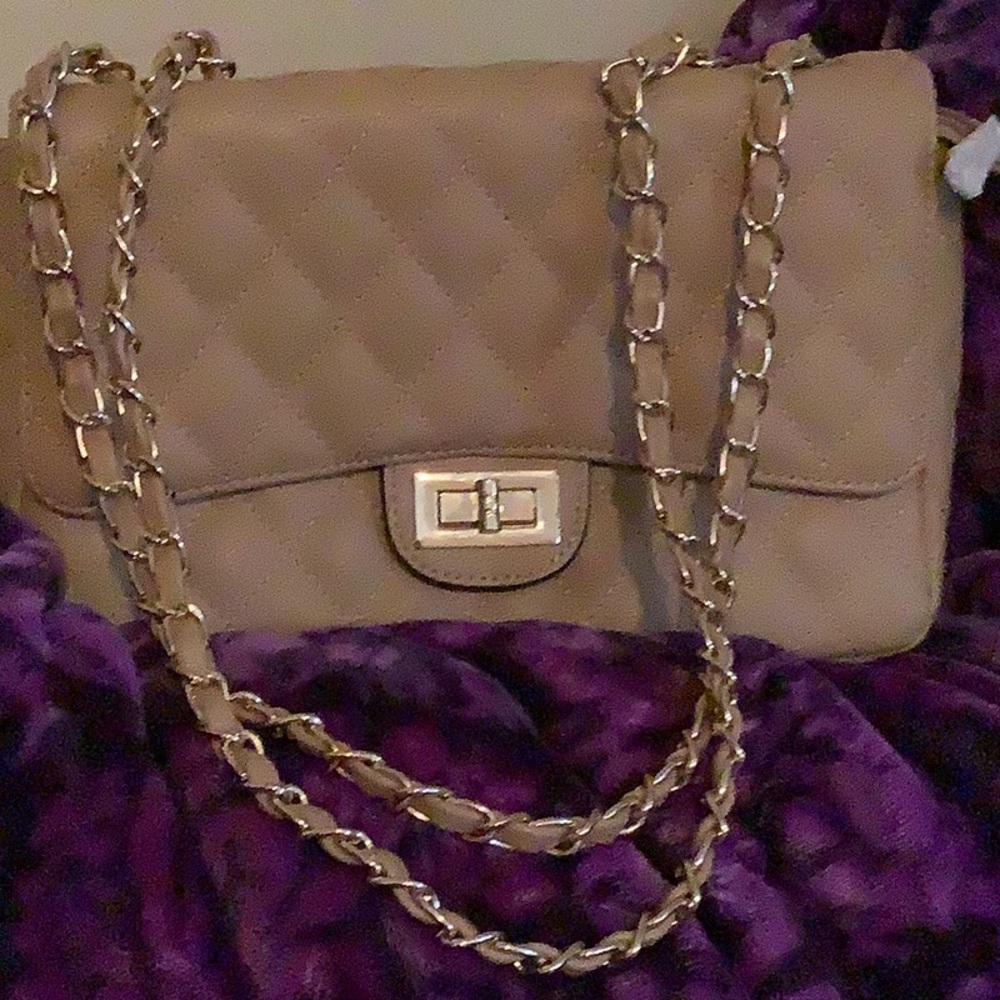 Tan diamond stitched purse,/pocketbook with tan and metal trim shoulder strap